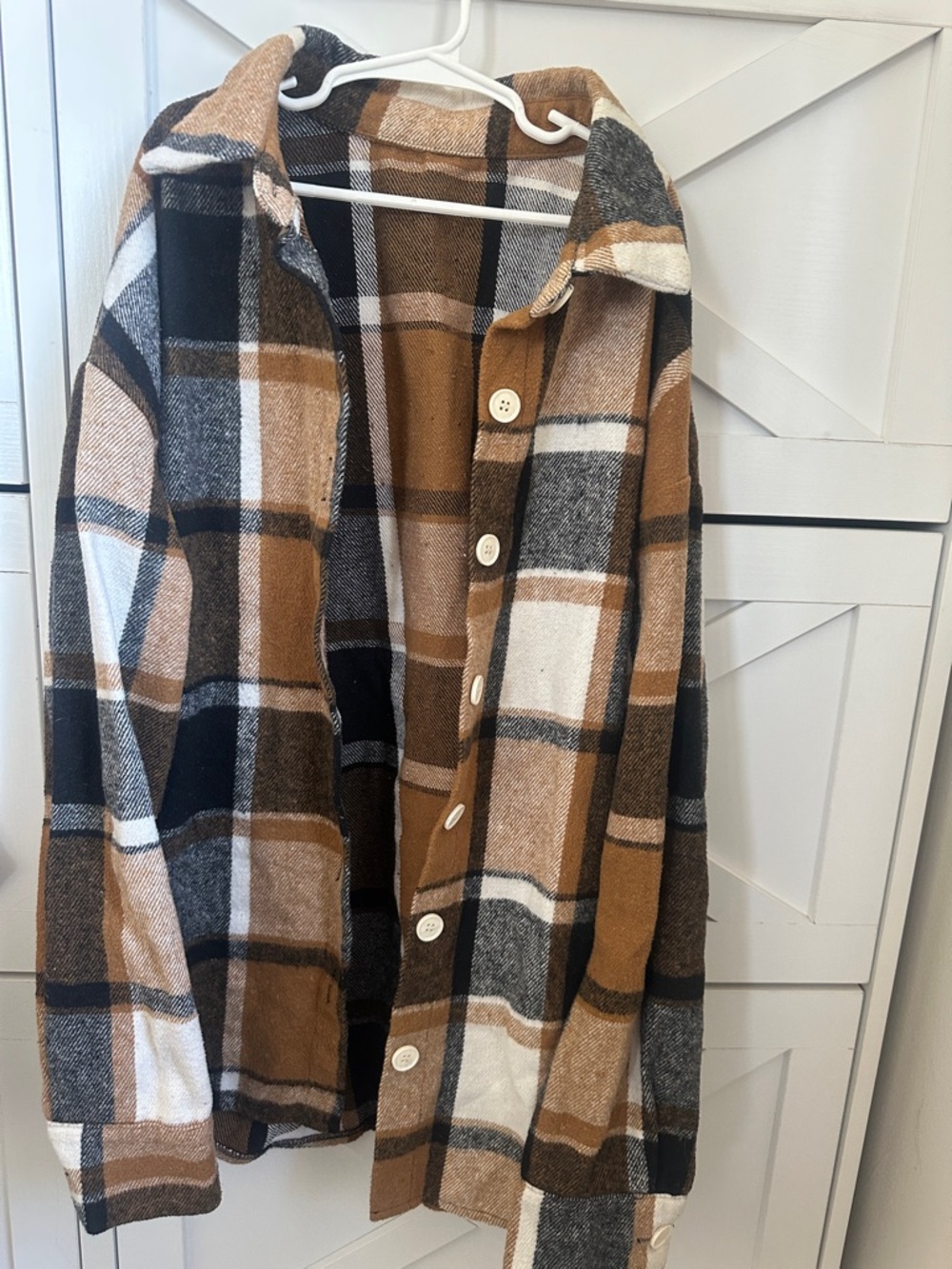 SHEIN Plaid Button-Up Shacket in Camel, Black & Cream